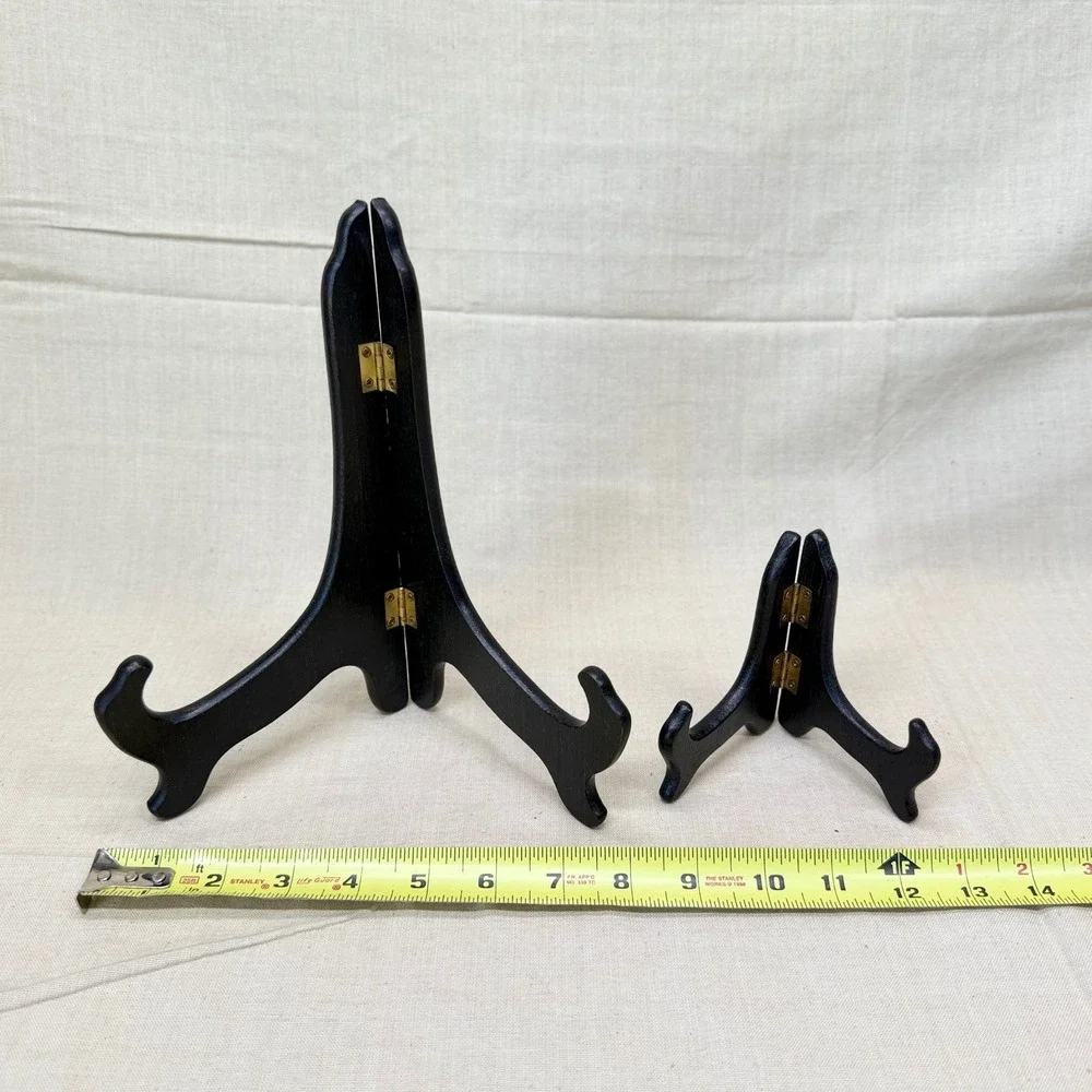 Vintage Folding Wood Display Easels Set of 2 Black Plate Stands Frame Holders